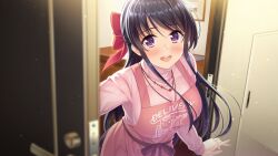 Rule 34 | 1girl, apron, blush, bow, breasts, door, eyebrows hidden by hair, female focus, game cg, hair bow, highres, indoors, large breasts, long hair, looking at viewer, matching hair/eyes, matoi ayame, open door, open mouth, original, purple eyes, purple hair, smile, solo, standing, teeth, turtleneck, uchi no kanojo, upper teeth only, yamakaze ran