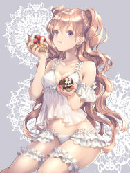 Rule 34 | 1girl, babydoll, bare shoulders, breasts, brown hair, cake, collarbone, food, frills, fruit, garter belt, holding, holding cake, holding food, itonicosi, lingerie, long hair, original, panties, purple eyes, see-through, solo, spaghetti strap, strawberry, two side up, underwear