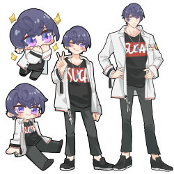Rule 34 | 1boy, ;), black footwear, black pants, chibi, dog tags, earrings, full body, hands on own hips, highres, jacket, jewelry, long sleeves, looking at viewer, male focus, marius von hagen (tears of themis), multiple views, one eye closed, outstretched arm, pants, purple eyes, purple hair, remosea, short hair, simple background, smile, standing, tears of themis, v, white background, white jacket