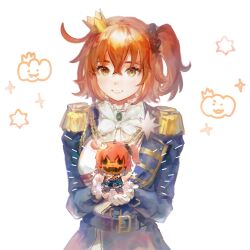 Rule 34 | 1girl, ahoge, black scrunchie, blush, brooch, commentary, crossed bangs, crown, eduoheshui, english commentary, epaulettes, fate/grand order, fate (series), fujimaru ritsuka (female), fujimaru ritsuka (female) (halloween royalty), gloves, hair between eyes, hair ornament, hair scrunchie, highres, jewelry, long sleeves, looking at viewer, military, military uniform, mini crown, orange hair, scrunchie, short hair, side ponytail, simple background, smile, solo, uniform, white background, white gloves, yellow eyes