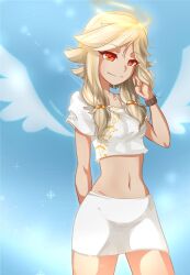 Rule 34 | 1girl, angel, angel wings, blonde hair, breasts, character request, copyright request, crop top, female focus, halo, lens flare, malberrybush, midriff, navel, orange eyes, short hair, short hair with long locks, sidelocks, skirt, small breasts, smile, solo, sparkle, standing, upper body, white skirt, wings