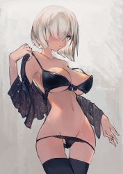 Rule 34 | 1girl, areola slip, bare shoulders, black bra, black panties, black thighhighs, blue eyes, bra, breasts, breasts apart, cleavage, collarbone, commentary request, dated, female focus, grey background, groin, hair over one eye, hamakaze (kancolle), highres, kantai collection, large breasts, looking at viewer, navel, panties, panty pull, parted lips, sakura rock, short hair, silver hair, simple background, solo, standing, swimsuit, thigh gap, thighhighs, underwear