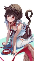 Rule 34 | 1girl, animal collar, animal ear hairband, animal ears, apron, artist request, bell, blurry, blush, bowl, breasts, brown dress, brown hair, cat ear hairband, cat ears, cat tail, cleavage, collar, commentary request, commission, copyright request, depth of field, dress, fake animal ears, frilled apron, frilled dress, frills, frown, hairband, highres, korean commentary, leash, looking at viewer, maid, maid apron, milk, mole, mole under eye, neck bell, pet bowl, pet play, pov, prunechi, red collar, red eyes, seiza, short hair, sitting, small breasts, tail, thighhighs, viewer holding leash, white apron, white background, white thighhighs