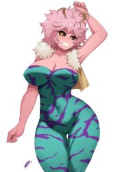 Rule 34 | 1girl, absurdres, aqua bodysuit, arm up, artist name, ashido mina, black sclera, bodysuit, boku no hero academia, breasts, cleavage, collarbone, colored sclera, colored skin, cowboy shot, fur collar, gluteal fold, grin, highres, horns, large breasts, messy hair, morris1611, pink hair, pink skin, short hair, simple background, sleeveless, smile, solo, standing, thigh gap, vest, white background, yellow eyes