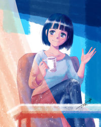 Rule 34 | 1girl, black hair, blunt bangs, blush, chair, chutohampa, crossed legs, cup, feet out of frame, grey eyes, grey shirt, highres, holding, holding cup, long sleeves, original, shirt, short hair, signature, smile, solo