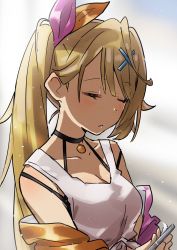 Rule 34 | 1girl, :&lt;, bare shoulders, blonde hair, breasts, cleavage, closed eyes, collarbone, front-tie top, grey background, h (eitilog), hair ornament, hair ribbon, halterneck, highres, holding, hoshikawa sara, hoshikawa sara (1st costume), long hair, medium breasts, nijisanji, off shoulder, ribbon, shirt, side ponytail, sleeveless, sleeveless shirt, solo, upper body, virtual youtuber, white shirt, x hair ornament