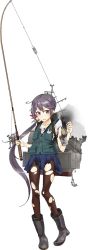 Rule 34 | 10s, 1girl, akebono (kancolle), bell, black footwear, blue skirt, boots, crab, damaged, drew (drew213g), fishing gear, fishing rod, flower, full body, hair bell, hair flower, hair ornament, jingle bell, kantai collection, official art, pantyhose, purple eyes, purple hair, rabbit, rubber boots, skirt, solo, standing, thighband pantyhose, torn clothes, torn pantyhose, transparent background