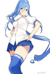 Rule 34 | 10s, 1girl, aoki hagane no arpeggio, bespectacled, blue eyes, blue hair, blue skirt, blue thighhighs, blurry, bra, depth of field, foreshortening, from below, glasses, hair between eyes, hand on own hip, highres, long hair, looking at viewer, looking down, matching hair/eyes, mibu natsuki, mole, mole under mouth, pleated skirt, ponytail, school uniform, simple background, skirt, smile, solo, striped bra, striped clothes, takao (aoki hagane no arpeggio), thighhighs, twitter username, underwear, upper body, very long hair, white background
