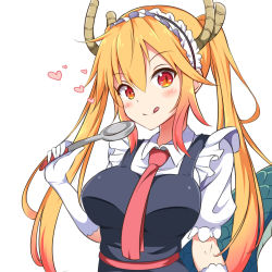 Rule 34 | 10s, 1girl, ;q, ai cao, ascot, black dress, black vest, blonde hair, breasts, collared shirt, commentary, dragon girl, dragon horns, dragon tail, dress, dress shirt, elbow gloves, frilled sleeves, frills, gloves, gradient hair, hair between eyes, hand up, heart, highres, holding, holding spoon, horns, kobayashi-san chi no maidragon, large breasts, large tail, long hair, looking at viewer, maid, maid headdress, multicolored hair, necktie, one eye closed, orange eyes, orange hair, puffy short sleeves, puffy sleeves, red ascot, red necktie, sash, shirt, short sleeves, sidelocks, simple background, sleeveless, sleeveless dress, slit pupils, smile, solo, spoon, standing, tail, tohru (maidragon), tongue, tongue out, twintails, upper body, vest, white background, white gloves, white shirt