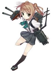 Rule 34 | 10s, 1girl, arm warmers, bow, double bun, dress shirt, full body, green eyes, grey skirt, kantai collection, konishi (koconatu), leg up, light brown hair, machinery, michishio (kancolle), official art, plaid, plaid bow, pleated skirt, shirt, short hair, skirt, solo, suspenders, transparent background, two side up