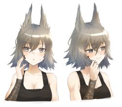 Rule 34 | 1girl, animal ears, arknights, ashlock (arknights), bandaged arm, bandages, bare shoulders, black shirt, blouse, blush, breasts, brown eyes, brown hair, cleavage, collarbone, cropped torso, hair between eyes, hand on own cheek, hand on own face, highres, large breasts, looking at viewer, looking away, looking to the side, material growth, military, military vehicle, motor vehicle, multiple views, oripathy lesion (arknights), parted lips, radioneet, shirt, short hair, simple background, squirrel ears, sweatdrop, tank, upper body, white background