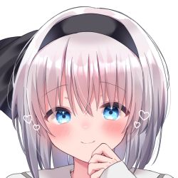 Rule 34 | 1girl, black hairband, black ribbon, blue eyes, blush, closed mouth, collarbone, collared dress, commentary request, dress, eyes visible through hair, grey hair, hair between eyes, hairband, heart, highres, konpaku youmu, looking at viewer, otowa (otoha4634), ribbon, short hair, simple background, smile, solo, touhou, upper body, white background