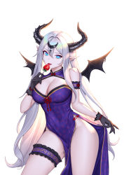 Rule 34 | 1girl, arm garter, bare shoulders, black gloves, blue eyes, breasts, candy, cleavage, cleavage cutout, clothing cutout, commission, contrapposto, copyright request, cowboy shot, demon girl, demon wings, dress, earrings, fingernails, food, gloves, gold trim, grey hair, hair between eyes, headpiece, highres, horns, jewelry, large breasts, licking, lollipop, long fingernails, long hair, looking at viewer, mini wings, no panties, pelvic curtain, pointy ears, purple dress, sharp fingernails, side slit, simple background, siun, sleeveless, sleeveless dress, smile, solo, thigh strap, thighs, white background, wing ornament, wings