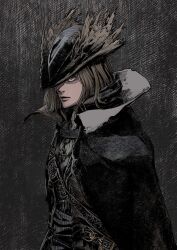 Rule 34 | 1girl, absurdres, black cape, black hat, bloodborne, cape, closed mouth, crosshatching, hat, hatching (texture), high collar, highres, hunter (bloodborne), jewelry, light brown hair, muramasa mikado, necklace, one eye covered, red eyes, short hair, solo, strap, tricorne
