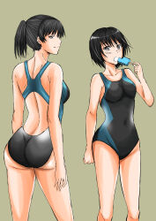 Rule 34 | 2girls, absurdres, amagami, ass, black eyes, black hair, black one-piece swimsuit, bob cut, breasts, brown eyes, closed mouth, commentary request, competition swimsuit, covered navel, eating, food, from behind, highres, looking at viewer, medium breasts, mori heichi, multiple girls, nanasaki ai, one-piece swimsuit, ponytail, popsicle, short hair, smile, swimsuit, tsukahara hibiki, two-tone swimsuit