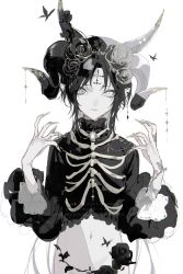Rule 34 | 1boy, 81kaia, bishounen, black flower, black hair, black rose, bug, butterfly, crop top, facial mark, flower, forehead mark, heterochromia, highres, horns, insect, long sleeves, looking at viewer, male focus, original, pointy ears, rose, short hair, simple background, solo, white background