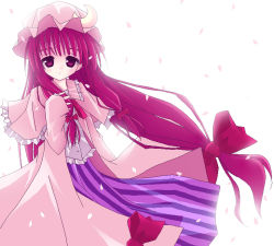 Rule 34 | 1girl, bow, cherry blossoms, crescent, crescent pin, falling petals, female focus, frills, hair bow, hair ribbon, hat, long hair, looking at viewer, low-tied long hair, mob cap, moon, oekaki, open mouth, patchouli knowledge, petals, pink eyes, pink hair, ponytail, red bow, ribbon, sakura petals, sidelocks, simple background, sleeves past wrists, solo, striped, touhou, vertical stripes, very long hair, white background
