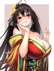 Rule 34 | 1girl, absurdres, ahoge, azur lane, bare shoulders, black hair, blush, breasts, cleavage, collarbone, crossed bangs, feathers, hair between eyes, hair ribbon, highres, huge breasts, japanese clothes, kimono, long hair, looking at viewer, mask, mask on head, nose blush, parted lips, red eyes, red kimono, red ribbon, ribbon, smile, solo, taihou (azur lane), twintails, two-tone background, very long hair, yamanokami eaka