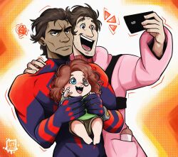 Rule 34 | 1girl, 2boys, annoyed, baby, blue eyes, bodysuit, bottle, brown hair, cellphone, facial hair, father and daughter, happy, highres, hug, long hair, marvel, mayday parker, miguel o&#039;hara, milk bottle, multiple boys, open mouth, peter parker, phone, red hair, selfie, short hair, shorts, signature, spider-man: across the spider-verse, spider-man (series), spider-verse, stubble, teeth, thick eyebrows, tight clothes, tongue, upper body
