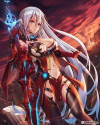 Rule 34 | 1girl, black thighhighs, blue eyes, breasts, cleavage, clothing cutout, elbow gloves, female focus, gloves, large breasts, loincloth, long hair, looking at viewer, mana (remana), navel, navel cutout, no panties, official art, original, pelvic curtain, red gloves, silver hair, solo, sword, thighhighs, unmei no clan battle, weapon