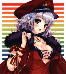 Rule 34 | 1girl, :d, absurdres, blue nails, blush, breasts, cleavage, copyright request, earrings, green eyes, hair ornament, hat, highres, jewelry, misaki kurehito, nail polish, open clothes, open mouth, open shirt, peaked cap, shirt, short hair, silver hair, smile, solo, star (symbol), star hair ornament