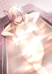 Rule 34 | 1girl, ahoge, animal ears, bathing, bathroom, bathtub, blonde hair, blush, box, breasts, cat ears, caustics, censored, closed eyes, closed mouth, collarbone, convenient censoring, dutch angle, eyebrows, hair between eyes, indoors, large breasts, long hair, navel, nude, original, outstretched arms, partially submerged, sitting, smile, solo, spread arms, stomach, tile wall, tiles, tonpuu, water
