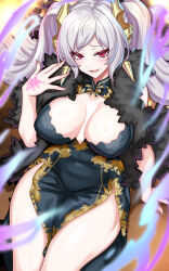 Rule 34 | 1girl, breasts, chinese clothes, cleavage, dress, fire emblem, fire emblem awakening, grima (fire emblem), large breasts, nez-box, nintendo, red eyes, robin (fire emblem), twintails, white hair