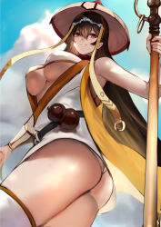 Rule 34 | 1girl, absurdres, ass, bead necklace, beads, bikini, breasts, brown hair, detached sleeves, fate/grand order, fate (series), hair between eyes, highres, ichimegasa, japanese clothes, jewelry, jikihatiman, kimono, large breasts, long hair, looking at viewer, necklace, prayer beads, red eyes, short kimono, sleeveless, smile, solo, staff, swimsuit, thighhighs, thighs, vest, white bikini, white kimono, white thighhighs, xuangzang sanzang (fate), yellow vest