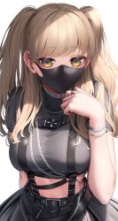 Rule 34 | 1girl, belt, black belt, blonde hair, bracelet, breasts, chain, highres, jewelry, large breasts, long hair, looking at viewer, mask, mouth mask, nijisanji, ring, simple background, sister claire, sister claire (9th costume), solo, suraimu (suraimuraimu), two side up, virtual youtuber, white background, yellow eyes
