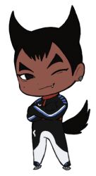 Rule 34 | 1boy, animal ears, black bodysuit, black eyes, black footwear, black hair, bodysuit, chest harness, chibi, crossed arms, dark-skinned male, dark skin, dog boy, dog ears, dog tail, ear piercing, empty eyes, fang, fang out, full body, hands up, harness, ice skates, lapithai, looking at viewer, lowres, male focus, mole, mole under eye, one eye closed, original, piercing, short hair, simple background, skates, smirk, solo, standing, tail, thick eyebrows, very short hair, white bodysuit