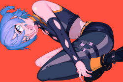 +_+ 1girl bare_shoulders black_shorts blue_eyes blue_hair blue_nails commentary covering_own_mouth detached_sleeves earrings full_body halter_shirt halterneck hand_over_own_mouth highres hololive hoshimachi_suisei jewelry kuroboshi_suzumiya nail_polish orange_background see-through_clothes see-through_midriff short_hair short_twintails shorts simple_background single_leg_pantyhose skin_tight thigh_strap triangle_earrings twintails virtual_youtuber