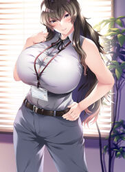 Rule 34 | 1girl, absurdres, belt, black eyes, black hair, window blinds, breasts, bursting breasts, cowboy shot, dakikano, dress shirt, grey pants, hair between eyes, hand on own hip, highres, huge breasts, impossible clothes, indoors, leaf, long hair, looking at viewer, mature female, mdf an, name tag, official art, pants, shirt, sidelocks, sleeveless, sleeveless shirt, solo, standing, very long hair, white shirt, window