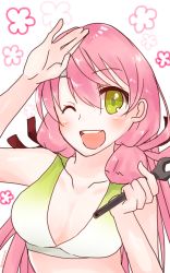 Rule 34 | 10s, aimyun, akashi (kancolle), bikini, green eyes, hair ribbon, highres, kantai collection, long hair, looking at viewer, navel, one eye closed, open mouth, pink hair, ribbon, smile, solo, swimsuit, tress ribbon, twintails, upper body, wrench