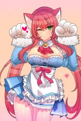 Rule 34 | 1girl, alternate hair color, animal ears, animal hands, apron, ascot, bad id, bad pixiv id, blue skirt, bow, brooch, cat ears, cowboy shot, detached collar, elsword, expressionless, frills, gloves, green eyes, heart, jewelry, karmaho, long hair, looking at viewer, one eye closed, paw gloves, paw pose, red bow, red hair, rena erindel, shiny skin, sidelocks, skirt, solo, sparkle, twintails