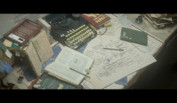 Rule 34 | blueprint (object), book, book stack, desk, diagram, highres, ink bottle, letterboxed, no humans, novelance, original, pen, scenery, still life, typewriter
