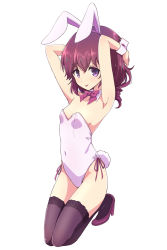 Rule 34 | 1girl, :p, animal ears, armpits, arms behind head, bare shoulders, black thighhighs, bow, bowtie, breasts, cleavage, detached collar, fake animal ears, full body, hair between eyes, highres, kneeling, leotard, machikado mazoku, mel (melty pot), pink bow, pink bowtie, pink footwear, playboy bunny, rabbit ears, rabbit tail, red hair, shoes, short hair, simple background, small breasts, solo, tail, thighhighs, thighs, tongue, tongue out, white background, yoshida ryouko