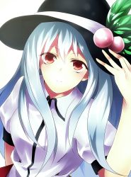 Rule 34 | 1girl, blue hair, dress, food, food-themed clothes, fruit, hair between eyes, hand on headwear, hat, highres, hinanawi tenshi, izayoi-saki, long hair, peach, puffy short sleeves, puffy sleeves, red eyes, ribbon, shirt, short sleeves, simple background, solo, touhou, upper body, very long hair, white background, white shirt
