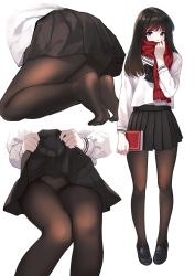 Rule 34 | 1girl, arm at side, bad id, bad twitter id, black footwear, black hair, black neckwear, black pantyhose, black skirt, blue eyes, book, bow, bow panties, caidychen, clothes lift, commentary, covering own mouth, feet, full body, hand up, highres, holding, holding book, holding clothes, holding scarf, kneeling, knees together feet apart, lifted by self, loafers, long hair, long sleeves, looking at viewer, lower body, midriff peek, miniskirt, multiple views, no shoes, original, panties, panties under pantyhose, pantyhose, pleated skirt, red scarf, scarf, school uniform, serafuku, shirt, shoes, sitting, skirt, skirt lift, standing, straight hair, underwear, untucked shirt, white background, white shirt