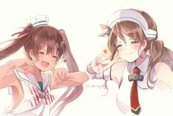 Rule 34 | 2girls, brown hair, closed eyes, commentary request, dress, fang, hat, highres, index finger raised, kantai collection, libeccio (kancolle), littorio (kancolle), long hair, megu usagi, mini hat, multiple girls, neckerchief, ponytail, sailor dress, simple background, skin fang, sleeveless, sleeveless dress, smile, striped neckerchief, striped neckwear, twintails, twitter username, upper body, wavy hair, white background