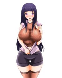 Rule 34 | 1girl, bike shorts, breasts, evil-dei, female focus, highres, hyuuga hinata, large breasts, looking at viewer, naruto: the last, naruto (series), open clothes, open shirt, purple hair, shirt, shorts, solo, thigh gap, thighhighs