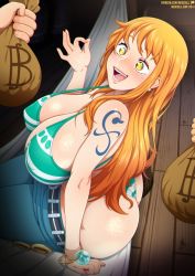 Rule 34 | 1girl, 2boys, ass, breasts, cleavage, huge breasts, large breasts, long hair, money, multiple boys, nami (one piece), neocoill, one piece, open mouth, orange hair, smile, solo focus, tattoo