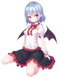 Rule 34 | 1girl, alternate costume, bat wings, black skirt, blue hair, breasts, closed mouth, full body, highres, junior27016, looking at viewer, medium breasts, miniskirt, pointy ears, puffy short sleeves, puffy sleeves, red eyes, remilia scarlet, shirt, short hair, short sleeves, simple background, sitting, skirt, smile, solo, touhou, wariza, white background, white shirt, wings, wrist cuffs