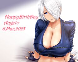 Rule 34 | 1girl, angel (kof), bra, breasts, cleavage, close-up, cropped jacket, fingerless gloves, gloves, hair over one eye, highres, jacket, large breasts, leather, leather jacket, looking at viewer, open mouth, short hair, snk, solo, st.germain-sal, the king of fighters, the king of fighters xiv, underwear, upper body