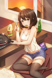 Rule 34 | 1girl, absurdres, bare arms, bare shoulders, basket, blue shorts, blush, bottle, breasts, brown eyes, brown hair, brown thighhighs, buttons, camisole, cellphone, cleavage, collarbone, denim, denim shorts, fingernails, frying pan, hair between eyes, hallohi, highres, holding, indoors, looking at viewer, medium breasts, mountain, mouth hold, original, phone, shirt, short hair, short shorts, shorts, sleeveless, smartphone, soda bottle, solo, sparkle, spatula, sun, sunset, table, thighhighs, white shirt, window