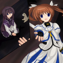 Rule 34 | 00s, 10s, 2girls, akemi homura, akisaka yamoka, bad id, bad pixiv id, brown hair, cristina valenzuela, crossover, ferret, fingerless gloves, gloves, hair ribbon, highres, long hair, lyrical nanoha, magical girl, mahou shoujo lyrical nanoha, mahou shoujo madoka magica, mahou shoujo madoka magica (anime), multiple girls, open mouth, outstretched hand, pantyhose, reaching, reaching towards viewer, ribbon, short hair, short twintails, takamachi nanoha, takamachi nanoha (movie 1st mode), thighhighs, twintails, voice actor connection, yamoka (mocateria), yuuno scrya