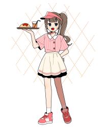 Rule 34 | 1girl, :d, argyle, argyle background, blue eyes, brown hair, collared shirt, dot nose, full body, hand on own hip, harumaru sk, high-waist skirt, highres, holding, holding tray, long hair, looking at viewer, open mouth, original, pink shirt, pinstripe pattern, pinstripe shirt, pleated skirt, red footwear, shirt, shirt tucked in, shoes, short sleeves, side ponytail, sidelocks, simple background, skirt, smile, sneakers, socks, solo, tray, visor cap, white background, white skirt, white socks