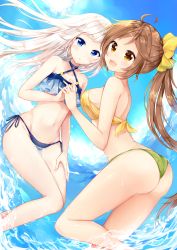 Rule 34 | 2girls, :d, ahoge, bare arms, bare legs, bare shoulders, bikini, blue bikini, blue eyes, blush, bow, breasts, brown eyes, brown hair, cleavage, cloud, cloudy sky, collarbone, commentary request, cowboy shot, criss-cross halter, day, frilled bikini, frills, from side, fukunoki tokuwa, gradient eyes, green bikini, groin, hair ornament, halterneck, hand on lap, highres, holding hands, interlocked fingers, leg up, long hair, looking at viewer, medium breasts, midriff, multicolored eyes, multiple girls, navel, open mouth, original, outdoors, partially submerged, ponytail, side-tie bikini bottom, sky, smile, standing, standing on one leg, strapless, strapless bikini, swimsuit, thong, thong bikini, very long hair, wading, water, white hair, wind, yellow bow, yellow eyes