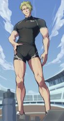 Rule 34 | 1boy, absurdres, achilles (fate), bara, black shirt, black shorts, bulge, closed mouth, fate/apocrypha, fate/grand order, fate (series), green hair, haruakira, highres, looking at viewer, male focus, shirt, shoes, short hair, shorts, smile, solo, white footwear