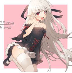 Rule 34 | 1girl, :d, black dress, black footwear, black ribbon, breasts, dress, hair ribbon, highres, lin samet, long hair, looking at viewer, open mouth, original, pink background, red eyes, ribbon, shoes, smile, solo, thighhighs, thighs, two-tone background, very long hair, white background, white hair, white thighhighs
