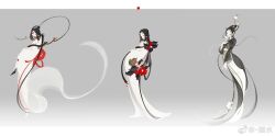 Rule 34 | 3girls, absurdly long hair, black hair, black robe, black sleeves, border, chinese clothes, chinese commentary, commentary request, dress, flower, full body, ghost, gradient background, grey background, hagoromo, hair flower, hair ornament, hair ribbon, hand on own chest, hanfu, highres, letterboxed, long dress, long hair, long sleeves, multiple girls, original, peony (flower), red flower, ribbon, robe, shawl, simple background, very long hair, watermark, weibo logo, weibo watermark, white border, white dress, white flower, white sleeves, wide sleeves, xi shui